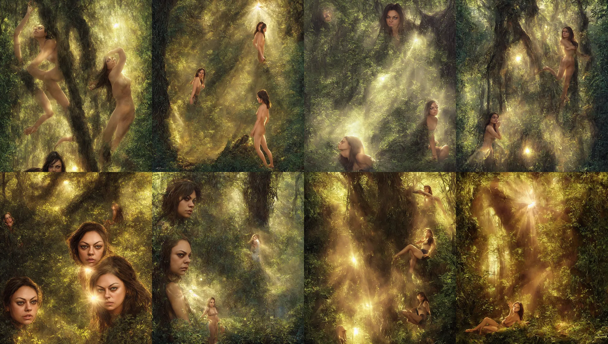 Prompt: big - eyed mila kunis biting her lip, sun - rays through canopy, gentle sparkling forest stream, sundown golden hour firefly wisps, focal length : 2 0 0. 0 mm, steve hanks, charlie bowater, mark brooks, steve henderson, justin gerard, mark keathley, victor nizovtsev, tom bagshaw, krenz cushart, ross tran