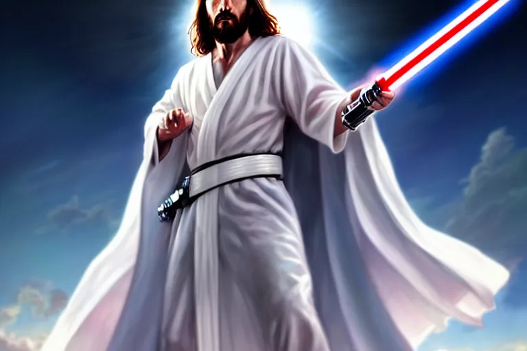 Image similar to jesus christ in a white robe striking an action pose, holding a lightsaber ; art by artgerm ; digital art ; character art ; star wars