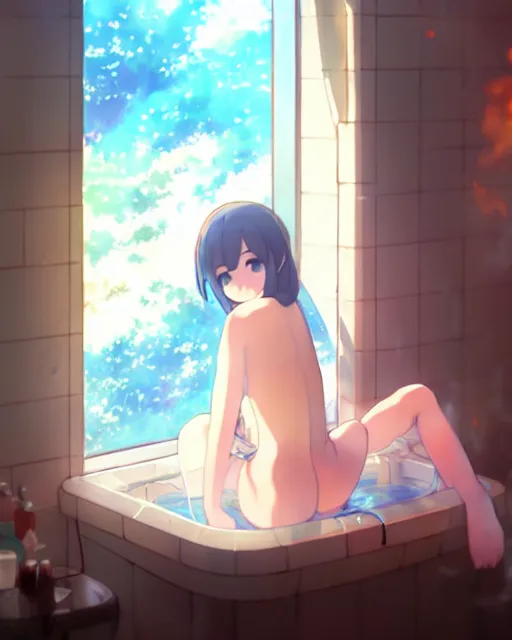 Image similar to a beautiful photo of a girl sitting in a bath robe watching the world outside her window burn ， by makoto shinkai an krenz cushart