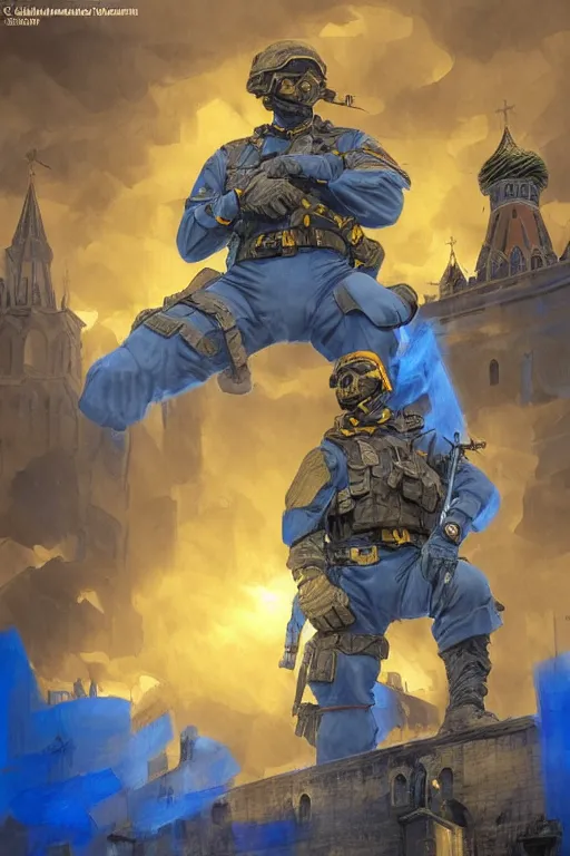 Image similar to special forces soldier installin ukrainian blue and yellow flag on red square kremlin, masculine figure, d & d, fantasy, bright atmosphere, volumetric lights, intricate, elegant, extremely detailed, digital painting, artstation, concept art, matte, smooth, sharp focus, hyper realistic, illustration, art by artgerm and greg rutkowski and alphonse mucha