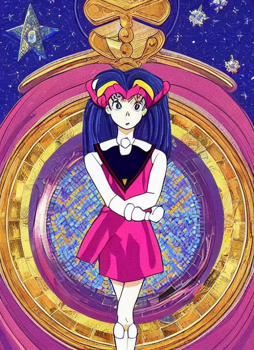 Image similar to perfectly centred portrait of sailor moon, looking in the mirror, in a business suit, futuristic, highly detailed, sharp focus, byzantine mosaic