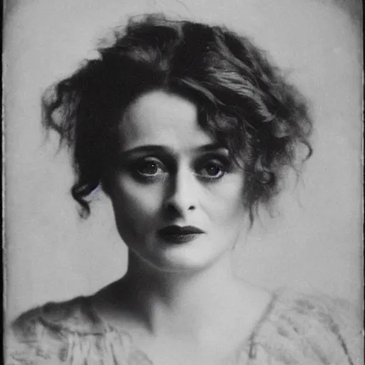 Prompt: headshot edwardian photograph of helena bonham carter, meryl streep, gaius helen mohiam, 1 9 2 0 s, sinister, evil, realistic face, 1 9 1 0 s, grainy, victorian, soft blur