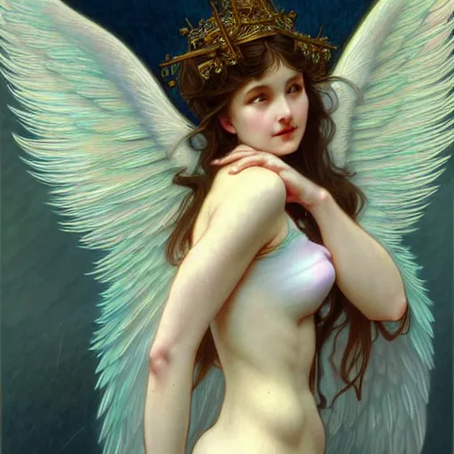 Image similar to Winged girl angel, fantasy, intricate, elegant, highly detailed, digital painting, artstation, concept art, smooth, sharp focus, illustration, art by John Collier and Wenqing Yan and Alphonse Mucha