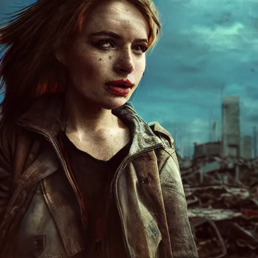 Image similar to pretty face, wide angle lens, photorealistic, 4k, background of destroyed city, post apocalyptic landscape, steakpunk, soft lighting, portrait