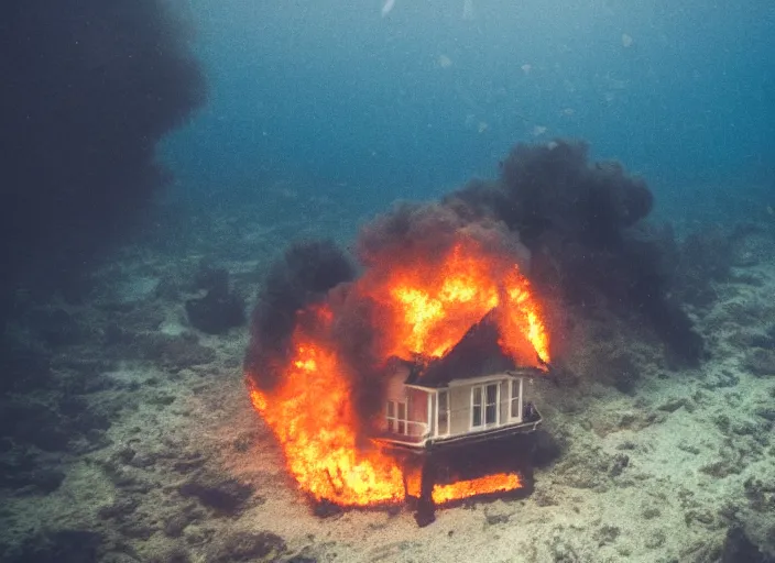 Image similar to dslr photo still of a house on fire under water at the bottom of the ocean, 8 5 mm f 1. 8