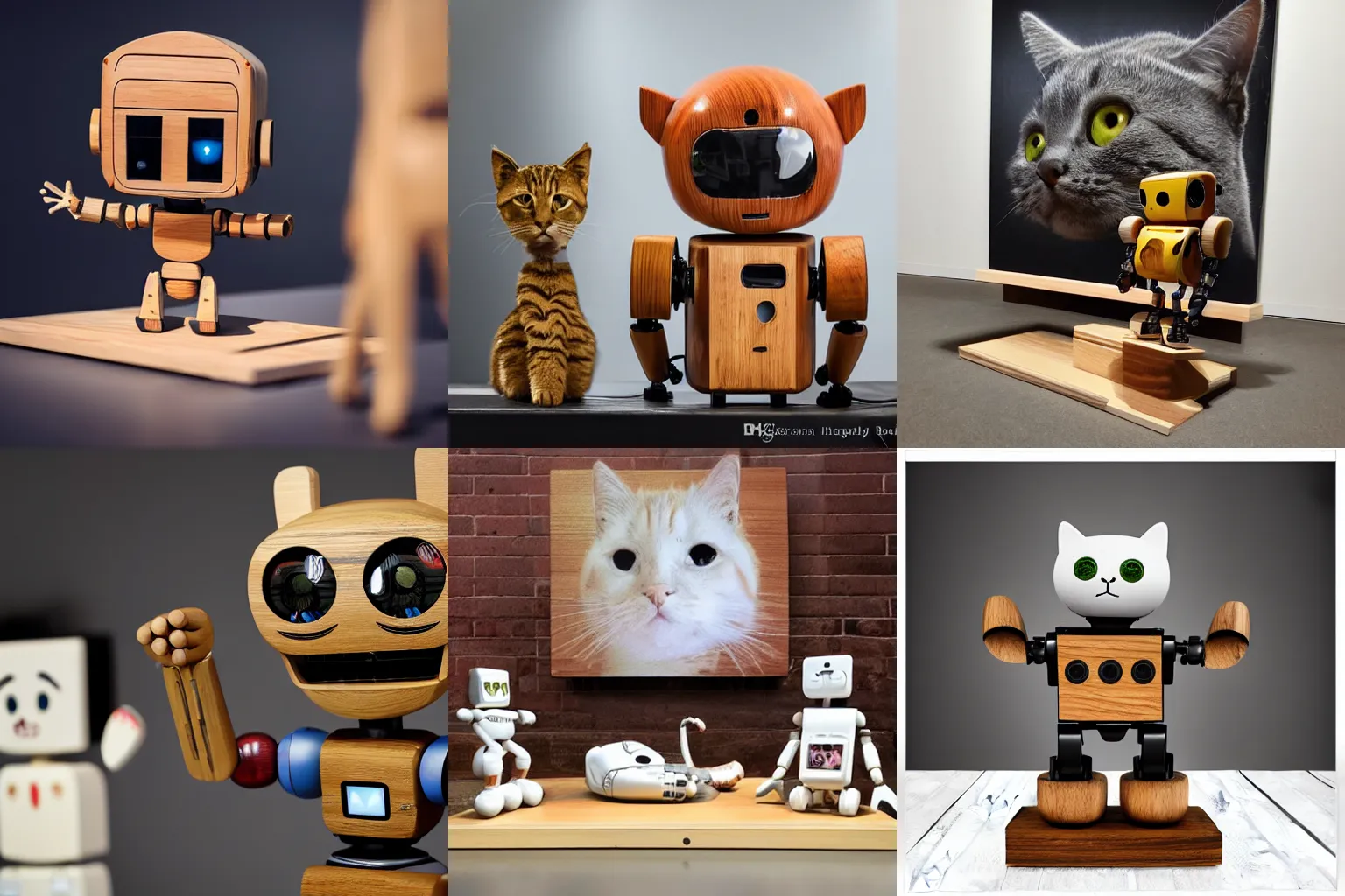 Prompt: ultra realistic 8k octan photo, collection wooden art toys on stand, very cute robot zen with cat ear, in a contemporary art gallery in style bansky