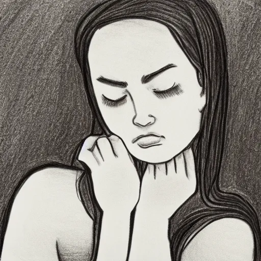 Prompt: black and white pencil sketch of a girl bending and crying into her arms in a bathroom