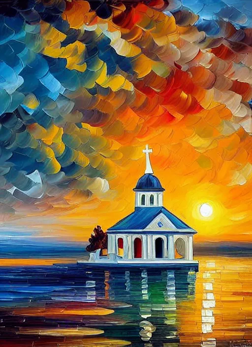 Image similar to beautiful seaside greek chapel surrounded by a village at sunset in the style of leonid afremov