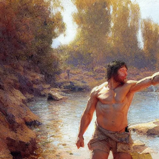 Prompt: man by the river, muscular, detailed face, correct face, painting by Gaston Bussiere, Craig Mullins