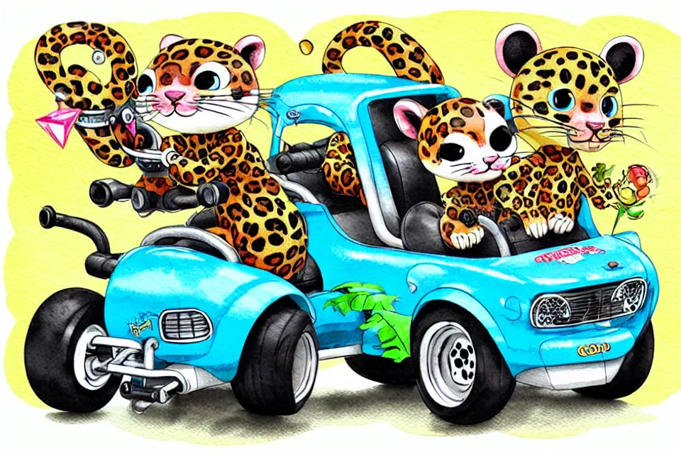 Image similar to cute and funny, baby leopard riding in a tiny go kart with oversized engine, ratfink style by ed roth, centered award winning watercolor pen illustration, isometric illustration by chihiro iwasaki, edited by range murata, tiny details by artgerm and watercolor girl, symmetrically isometrically centered