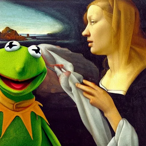 Image similar to terrified kermit the frog, oil painting, botticelli, raphael, vermeer