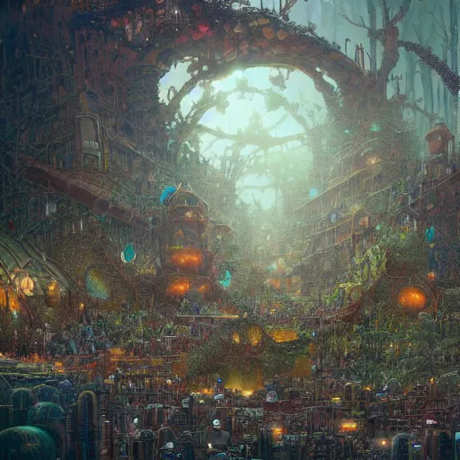 Prompt: a ground level view of a highly populated garden gnome city, Greg Rutkowski, Moebius, Mohrbacher