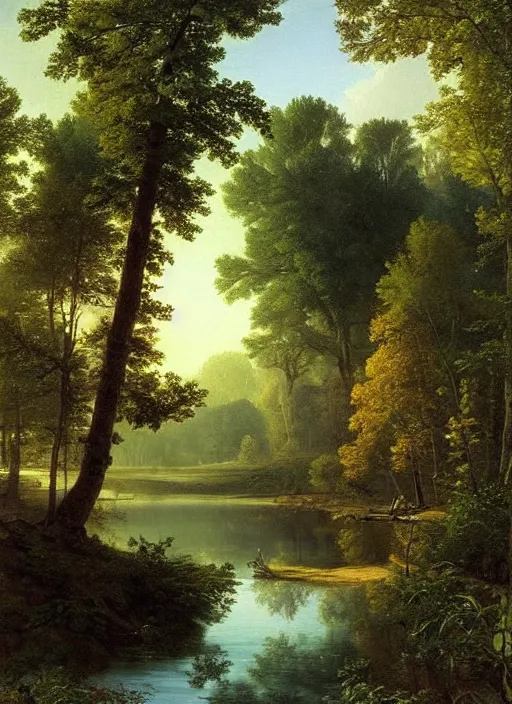 Prompt: the birght calm morning river, light shafts, stunning atmosphere, nature art by asher brown durand, inspired by ivan shishkin