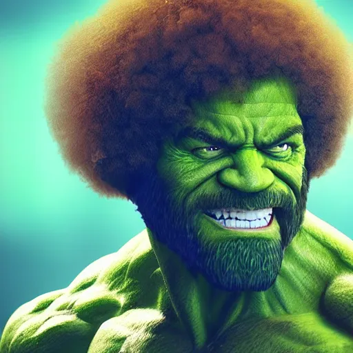 Image similar to photomanipulation of BOB ROSS as hulk with human flesh, marvel, fully detailed, volumetric lightening, octane render, 8k, masterpiece, epic composition