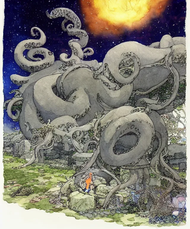 Image similar to a hyperrealist studio ghibli watercolor fantasy concept art. in the foreground is a giant grey octopus liting and putting stones in to place on top of stonehenge with a starry sky. by rebecca guay, michael kaluta, charles vess