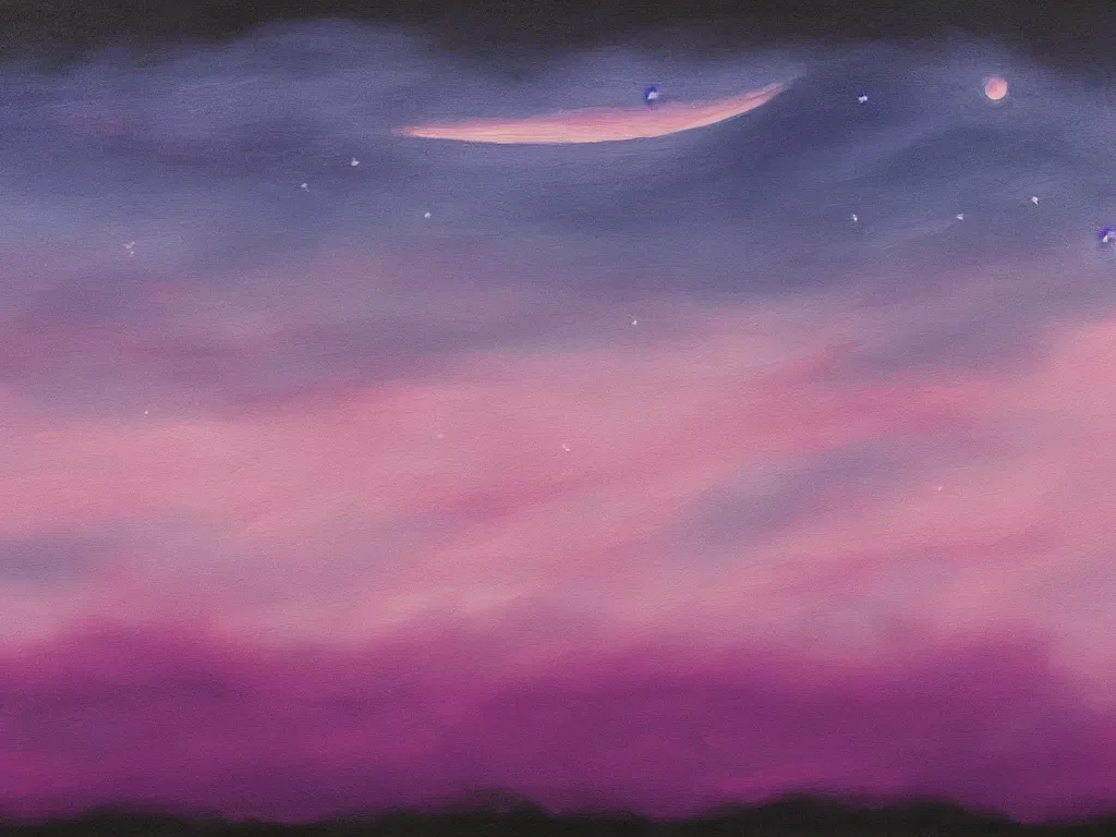 Image similar to painting of night sky with crescent moon and stars above a layer of pink puffy clouds.