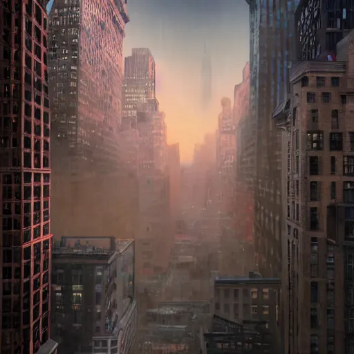 Prompt: manhattan at dusk, dim volumetric lighting, hype realistic, hdr, postprocessing, hyperdetailed, intricate, epic composition, cinematic lighting, masterpiece, trending on artstation, extraordinary artwork by nathan walsh
