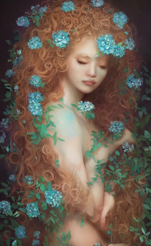 Prompt: breathtaking detailed concept art painting portrait of the hugs goddess of light blue flowers, blonde curly hair, ornate background, amalgamation of leaves and flowers, by hsiao - ron cheng, extremely moody lighting, 8 k