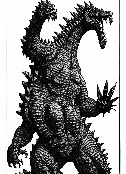 Image similar to godzilla as a d & d monster, full body, pen - and - ink illustration, etching, by russ nicholson, david a trampier, larry elmore, 1 9 8 1, hq scan, intricate details, stylized border