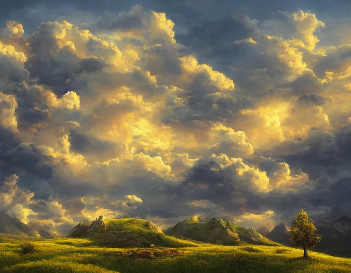 Prompt: sunlit cumulonimbus clouds approach over background mountains towards a hilly, grassy field with sparse trees at sunset, very detailed, style of gediminas pranckevicius