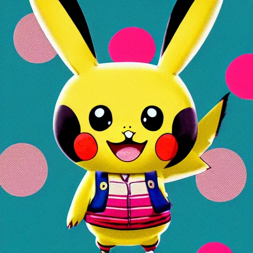 Prompt: Extremely cute and adorable vibrant maximalist 8k HD key visual of Pikachu posing for the camera, official media, with a flashy modern background with black stripes, lowbrow painting by Mark Ryden in the style of Animal Crossing. The art style is quite chibi, with large heads and big wide eyes. Diorama Macro photography