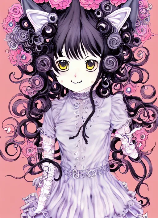 Image similar to fantastic manga character design of beautiful cat girl witch with a robot, curls hair, rococo ruffles dress, rosette, symmetrical face, cute, fairy, by mai yoneyama, takeshi obata, katsuhiro otomo, kelly mckernan, detailed background, illustration, artstation, concept art, highly detailed, colorful, maximalist