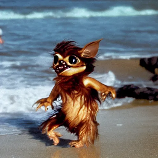 Image similar to gizmo from gremlins running through the surf on a beach