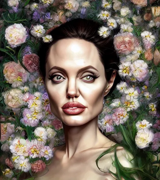 Prompt: portrait of the angelina jolie, surrounded by flowers by karol bak, james jean, tom bagshaw, rococo, trending on artstation, cinematic lighting, hyper realism, octane render, 8 k, hyper detailed.