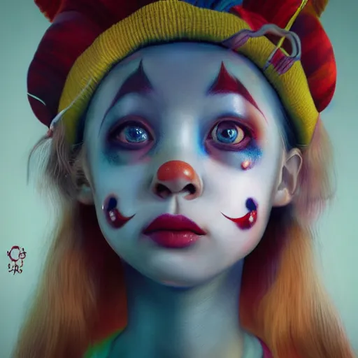 Image similar to breathtaking detailed painting of clown girl , with anxious, piercing eyes, Atari game cover art by Hsiao-Ron Cheng, James jean, Miho Hirano, Hayao Miyazaki, extremely moody lighting, hyperrealistic, octane render, RPG portrait, ambient light, dynamic lighting