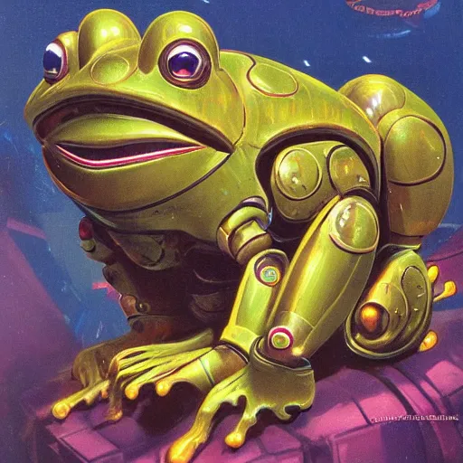 Prompt: a large anthropomorphic frog shaped mecha by paul lehr and moebius