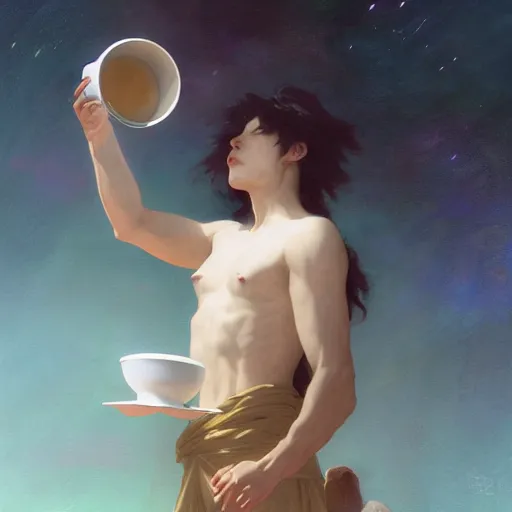 Image similar to A man drinking a cup of cosmic energy bright light, illustration by Ruan Jia and Mandy Jurgens and William-Adolphe Bouguereau, Artgerm, 4k, digital art, surreal, anime style, space dandy style, highly detailed, godsend, artstation, digital painting, concept art, smooth, sharp focus, illustration by Ruan Jia and Mandy Jurgens and William-Adolphe Bouguereau, Artgerm