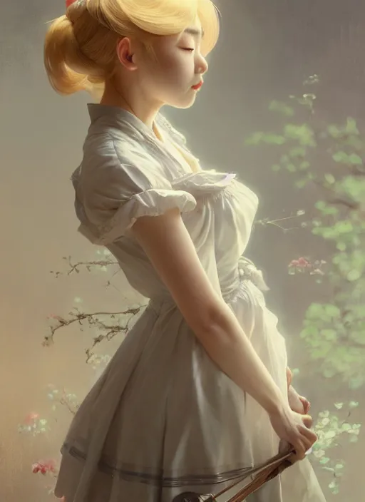 Image similar to portrait of a beautiful japanese girl with blonde hair dressed as a french maid, elegant, highly detailed, digital painting, 8 k, concept art, smooth, sharp focus, illustration, ethereal, misty, octane render, by ruan jia and zeen chin and greg rutkowski and alphonse mucha