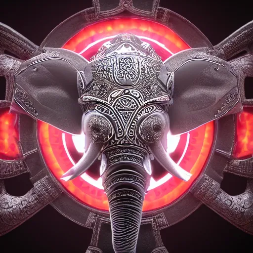 Image similar to futuristic elephant head, symmetrical, intricate black shaman ornaments, black oak patterns, iridescent reflection, mask big, mech mask, robotic ganesha head, mecha - elephant, white backround, graphic design, black white greys and red color, subsurface scattering, cyberpunk, unreal engine, octane render, imagined by devarshy