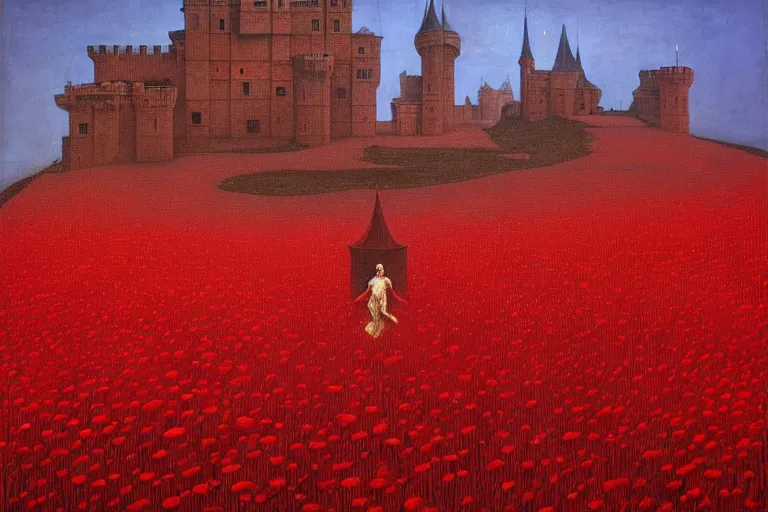 Image similar to only with red, red flowers of different types, a red tiger, a castle in the background, medieval demons dance over the flowers, an ancient path, in the style of beksinski, part by hopper, part by rodcenko, part by hofbauer, intricate composition, red by caravaggio, insanely quality, highly detailed, masterpiece, red light, artstation