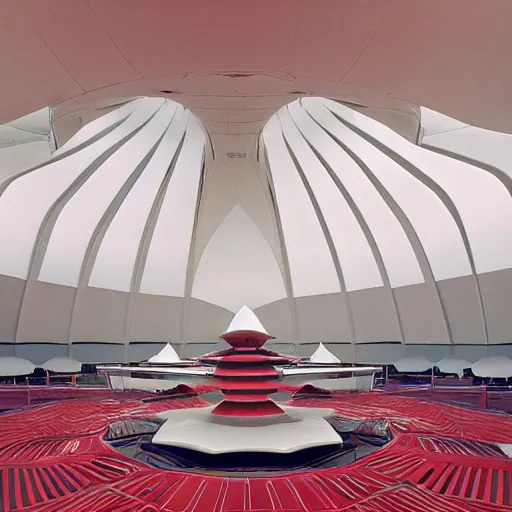 Image similar to interior of a futuristic lotus temple space station with gold, red and white marble panels, by buckminster fuller and syd mead, intricate contemporary architecture, photo journalism, photography, cinematic, national geographic photoshoot