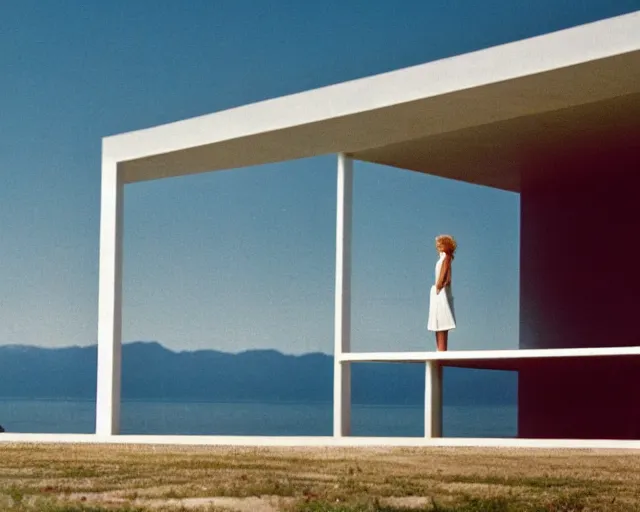 Prompt: a still of a young woman standing on a huge concrete white deck, high above the ground, of a minimalist beach house, outside view, low angle, clear sky and background, in the music video Wrapped Around your Finger (1983)