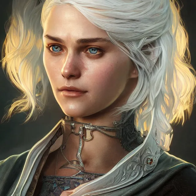 Prompt: cirilla wearing tight in chest shirt, ultra realistic, pretty face, extremely detailed face, anatomically correct, symmetrical, concept art, intricate details, highly detailed, photorealistic, octane render, 8 k, unreal engine. art by artgerm and greg rutkowski and alphonse mucha