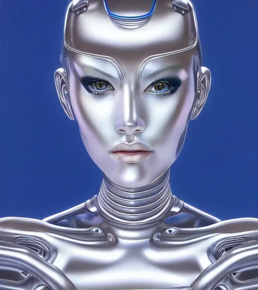 Prompt: portrait of female chrome robot by hagime sorayama