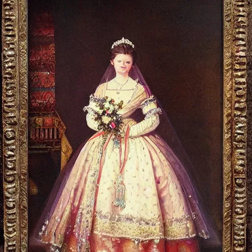 Prompt: a beautiful painting of a young princess on her wedding day in 1 8 7 6, high qualiy, oil painting, clear, coherent, fancy, highly detailed