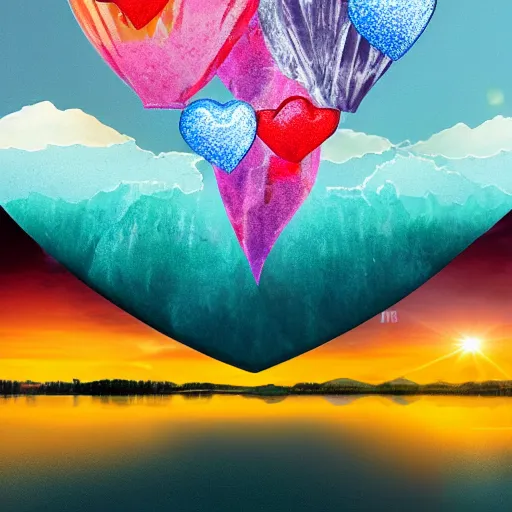 Image similar to photo of two black swans swimming in a beautiful reflective mountain lake, touching heads, forming a heart with their necks, a colorful hot air balloon is flying above the swans, hot air balloon, intricate, 8k highly professionally detailed, HDR, CGsociety