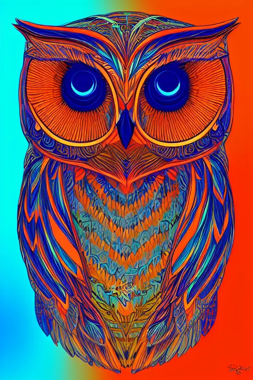 Image similar to glowing owl, blue and orange colours, highly detailed, digital art, sharp focus, trending on art station