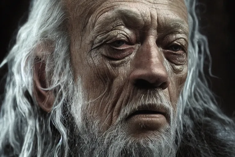 Image similar to lance henriksen as gandalf stood outside orthanc, style of h. r. giger, directed by david fincher, muted tones, detailed lance henriksen facial feature