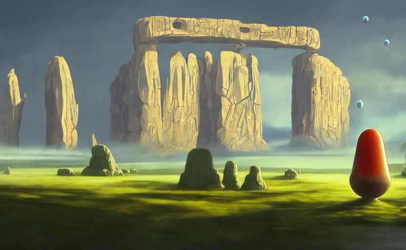 Image similar to a scary hyperrealist painting of a stone spaceship and a giant transparent bubble from howl's moving castle ( 2 0 0 4 ) in a flooded monument valley stonehenge jungle. depth perception, 4 k, artstation, in the style of studio ghibli