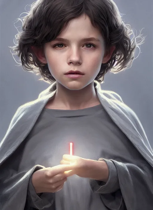 Image similar to perfectly - centered - portrait of a kid wearing grey cloak holding light saber, intricate, highly detailed, digital painting, artstation, concept art, smooth, sharp focus, illustration, unreal engine 5, 8 k, art by artgerm and greg rutkowski and alphonse mucha