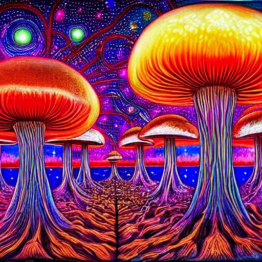 Prompt: mushroom universe by Alex Gray, oil painting, cosmic, ethereal, highly detailed, psychedelic, (((neon)))