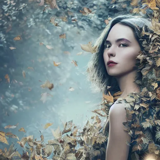 Image similar to a highly detailed digital image of an elegant woman surrounded and engulfed in leaves, matte background, artstation, detailed woman, stunning volumetric lighting, elegant, fantasy, 4k, 8k