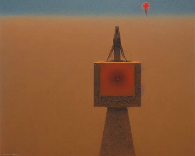 Image similar to very weird minimalistic machine, huge, occult, in the middle of desert, blotchy, hazy oil painting, tarot texture, by carrington and beksinski