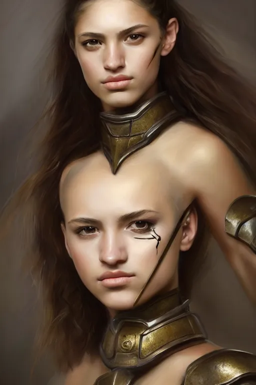 Image similar to a photorealistically painted portrait of an attractive young girl, partially clothed in military battle armor, with an abstractly painted background, flawless olive skin, fair complexion, long dark hair, beautiful bone structure, perfectly symmetric facial features, perfect photorealistic eyes, natural physique, intricate, elegant, digital painting, concept art, finely detailed, beautifully illustrated, sharp focus, minimal artifacts, volumetric lighting, from Halo, by Ruan Jia and Mandy Jurgens and Artgerm and William-Adolphe Bouguerea, in the style of Greg Rutkowski, trending on Artstation, award winning art