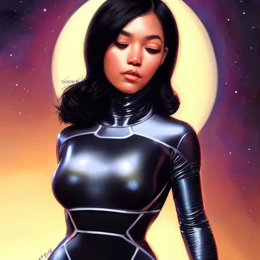 Image similar to a portrait of a very beautiful woman in a spacesuit, Alexandria's genesis, shoulder-length black hair, bored, illustration, soft lighting, soft details, painting oil on canvas by mark arian by artgerm, trending on artstation, 4k, 8k, HD