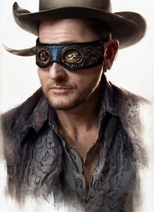 Image similar to Portrait Tim Robinson (from I Think You Should Leave) in a cowboy hat and eye mask disguise, marvel comics, dark, intricate, highly detailed, smooth, artstation, digital illustration by Ruan Jia and Mandy Jurgens and Artgerm and Wayne Barlowe and Greg Rutkowski and Frank Frazetta